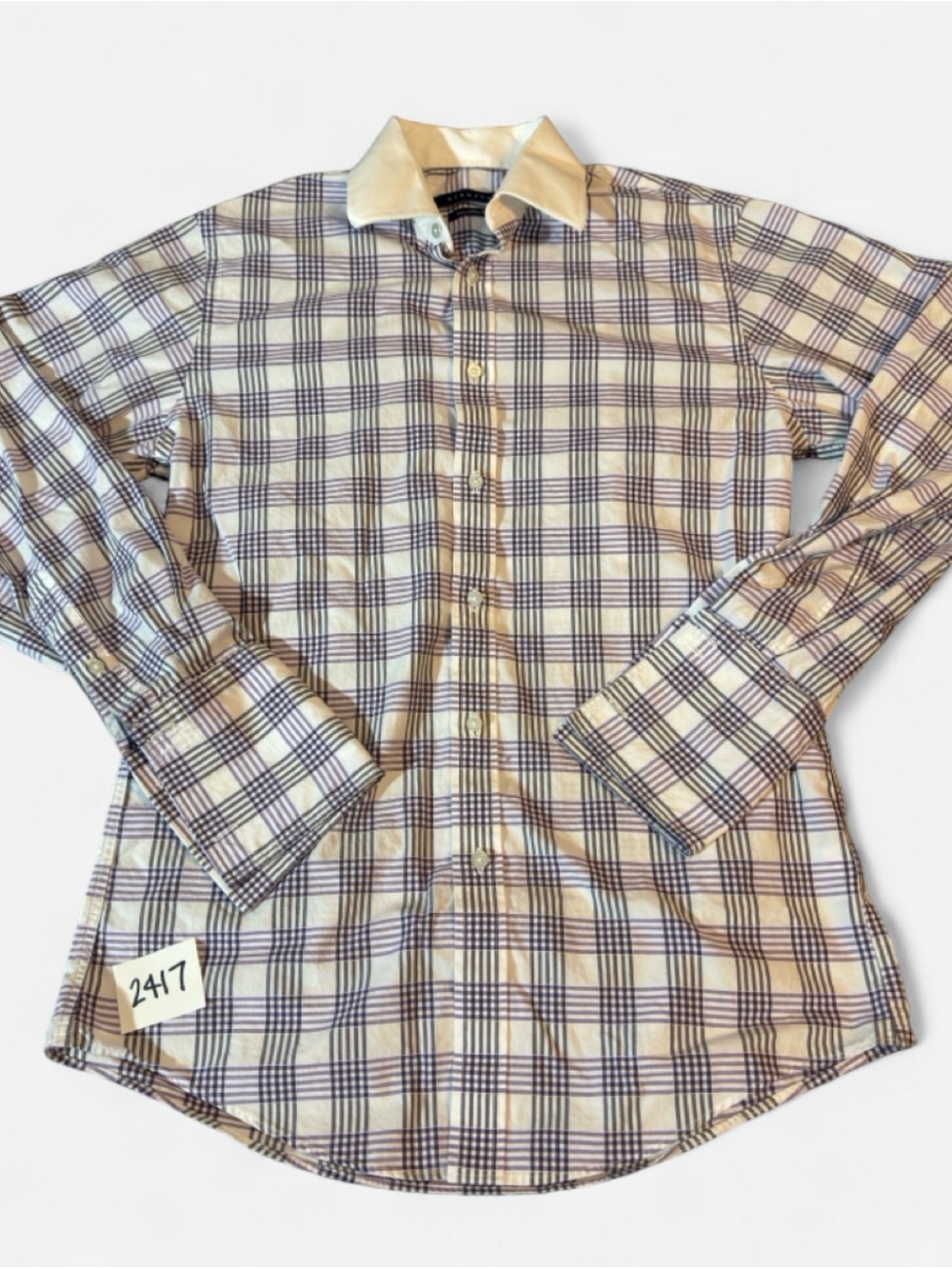 Sean John Men's Plaid Button-Up Shirt in White and Navy